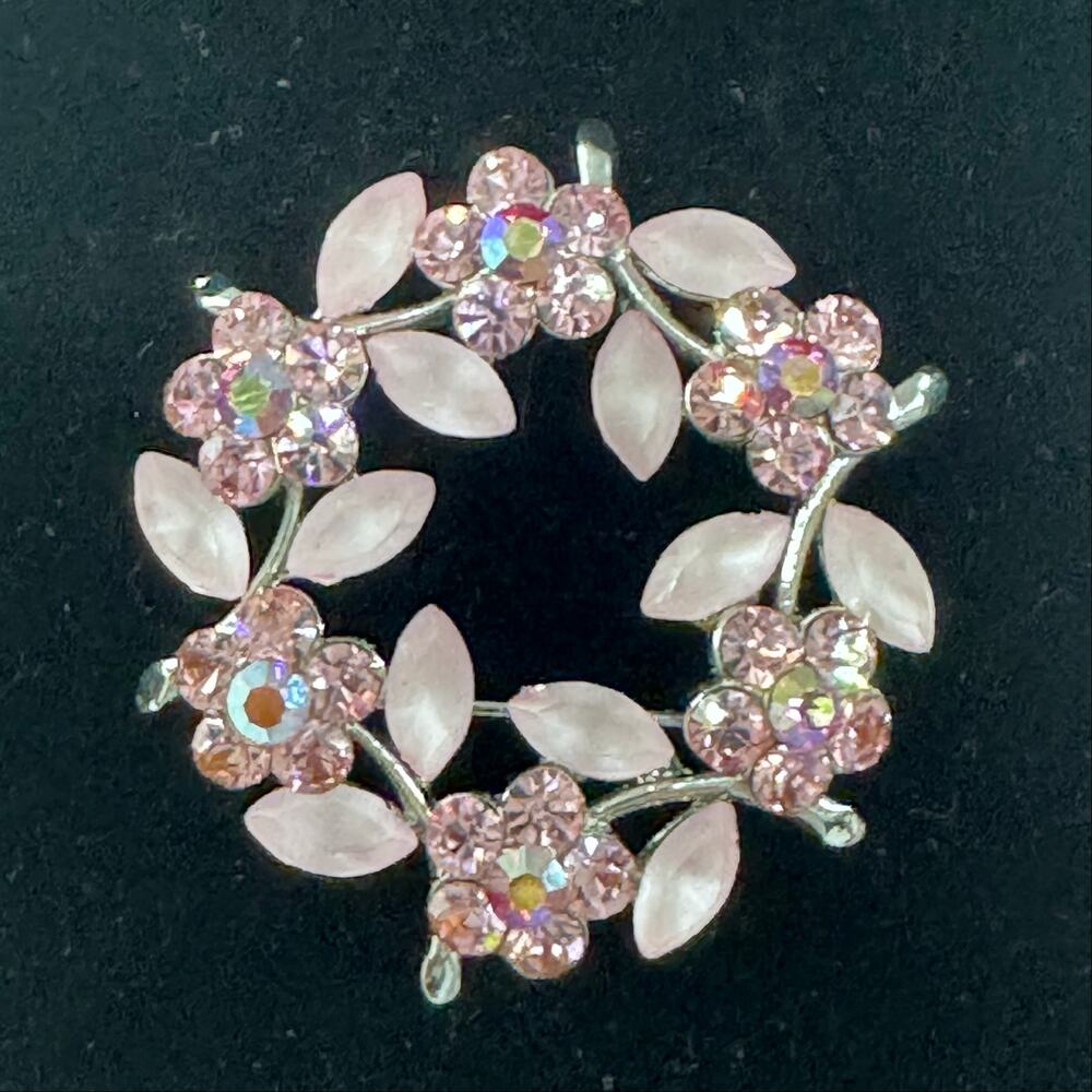 Vintage Silver Pink Rhinestone Floral Wreath Brooch MCM